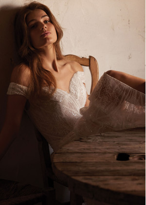 Off Shoulder Beaded Ivory Lace Tulle Sparkle Wedding Dress